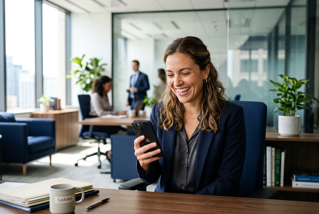 Professional reading client reviews on a phone