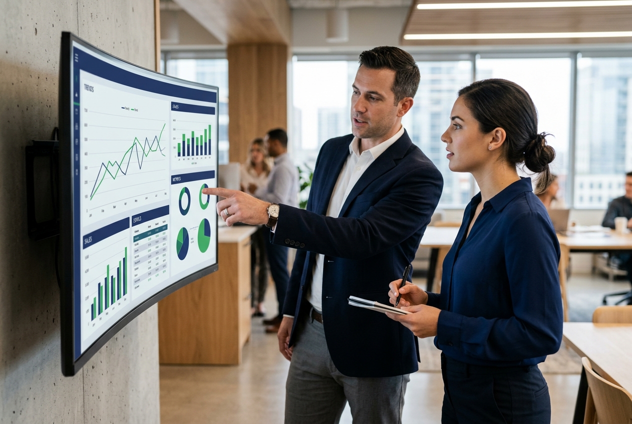Two professionals reviewing a lead dashboard