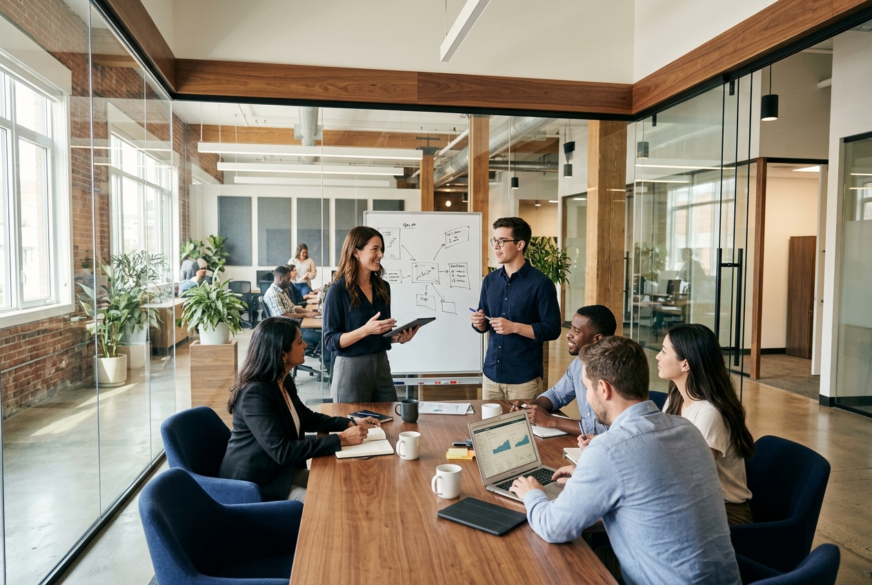 Marketing agency office with a small team collaborating