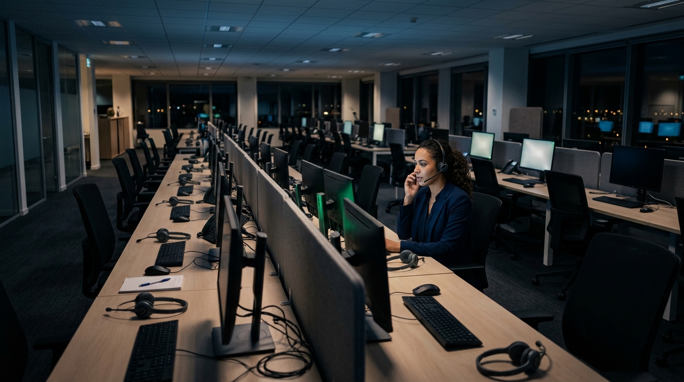 Professional call center at night with headsets on clean desks